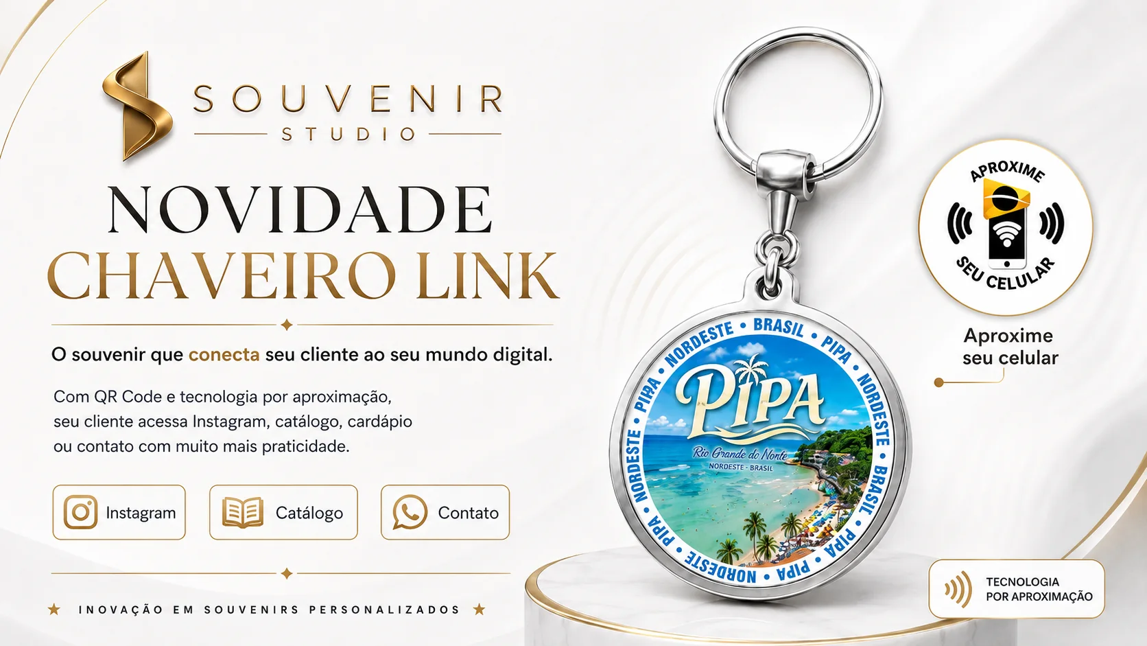 Novidade Chaveiro Link da Souvenir Studio: chaveiro com QR Code que dá acesso a Instagram, catálogo e contato ao aproximar o celular.